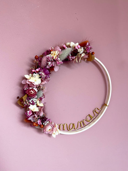 Couronne de fleurs séchées rose MAMAN