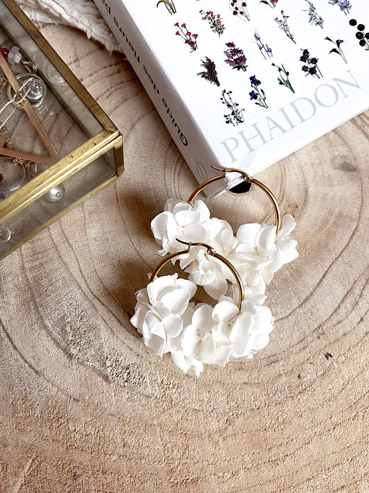 Créoles en acier inoxydable et hortensia stabilisé blanc