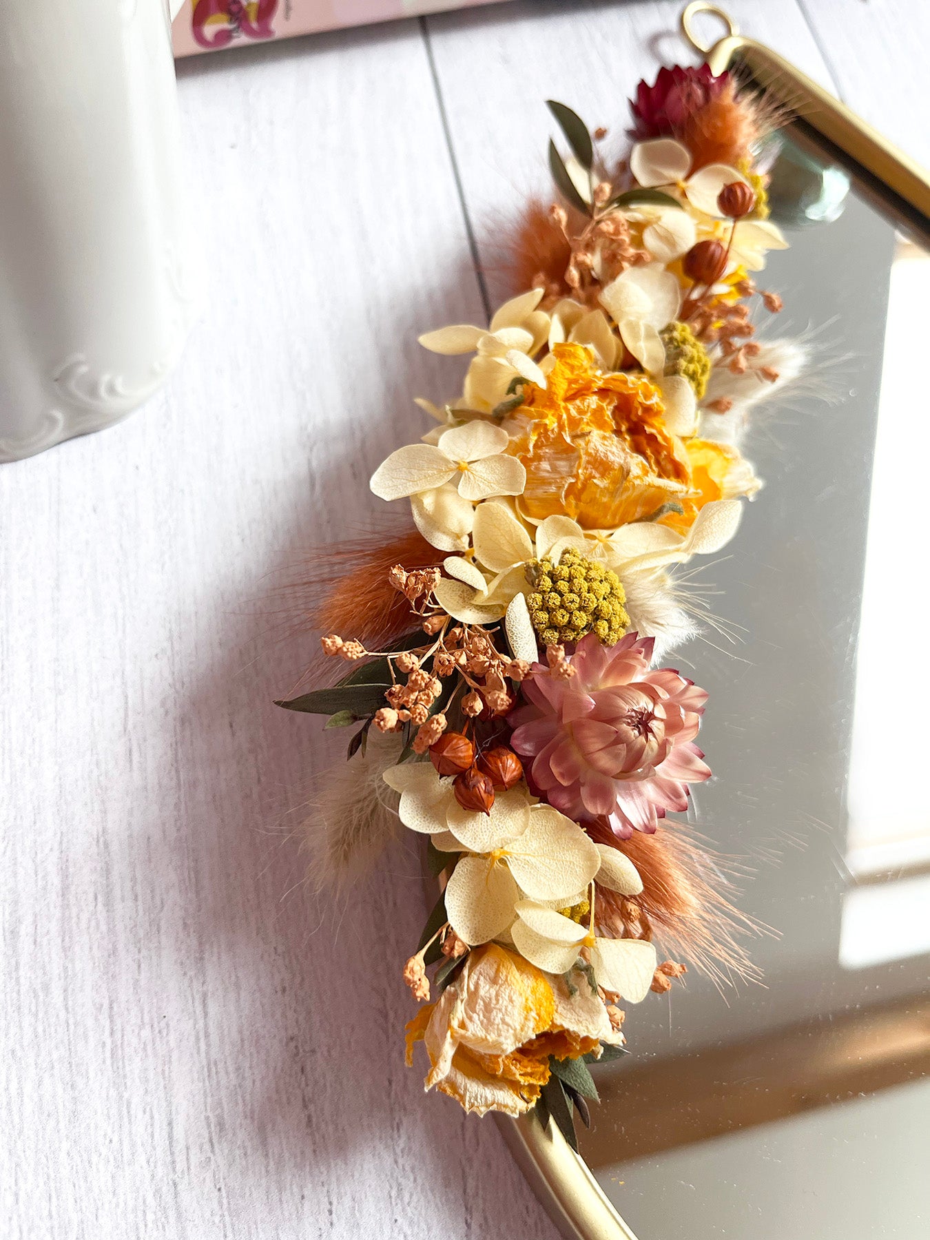 Miroir orné de fleurs séchées PÊCHE