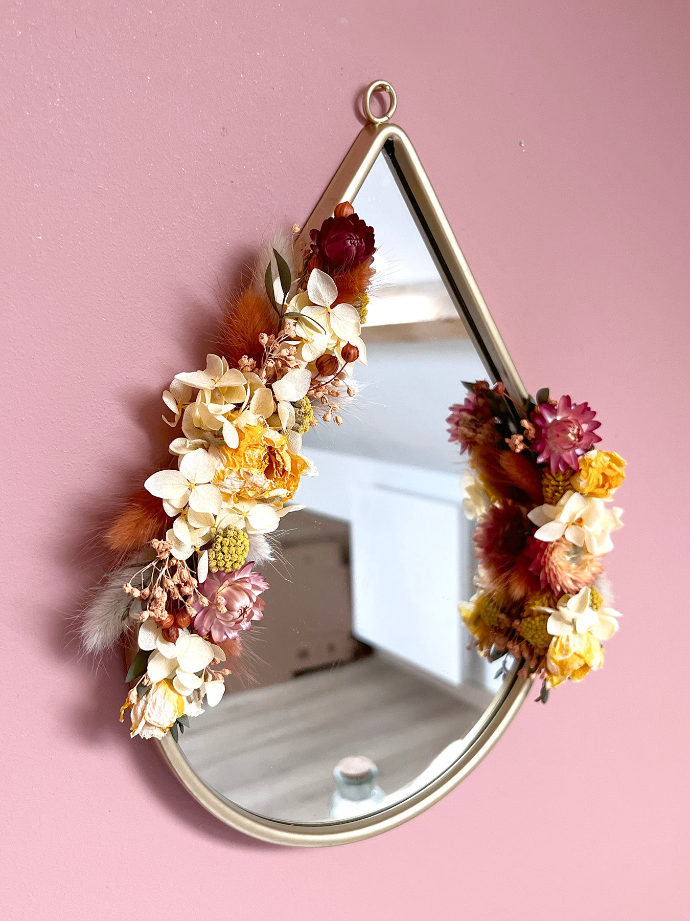 Miroir orné de fleurs séchées PÊCHE