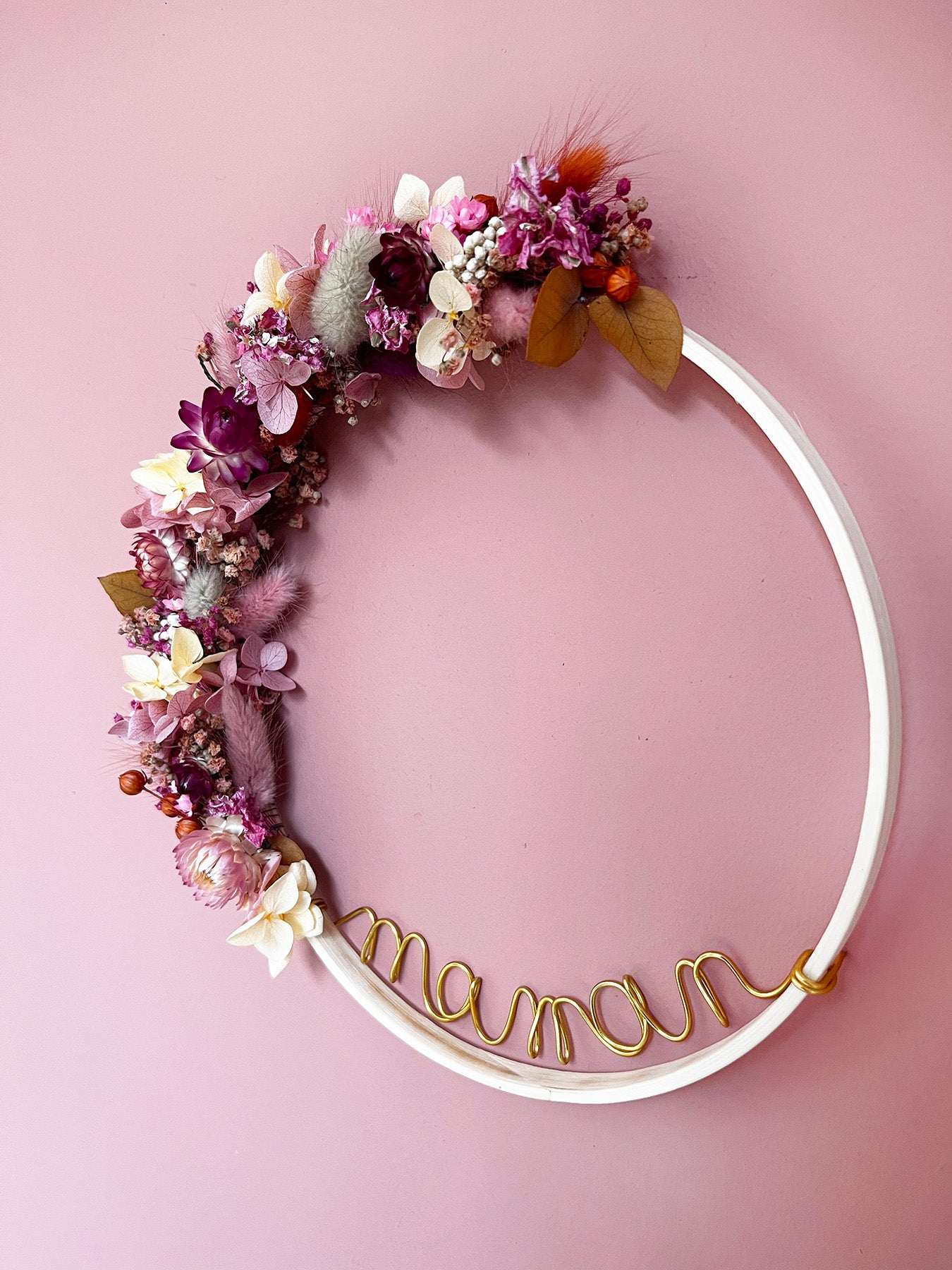 Couronne de fleurs séchées rose MAMAN