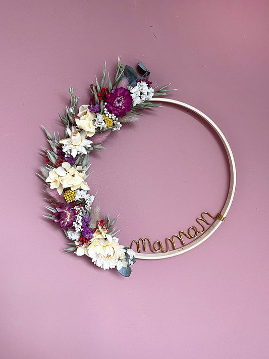 Couronne de fleurs séchées multicolore MAMAN