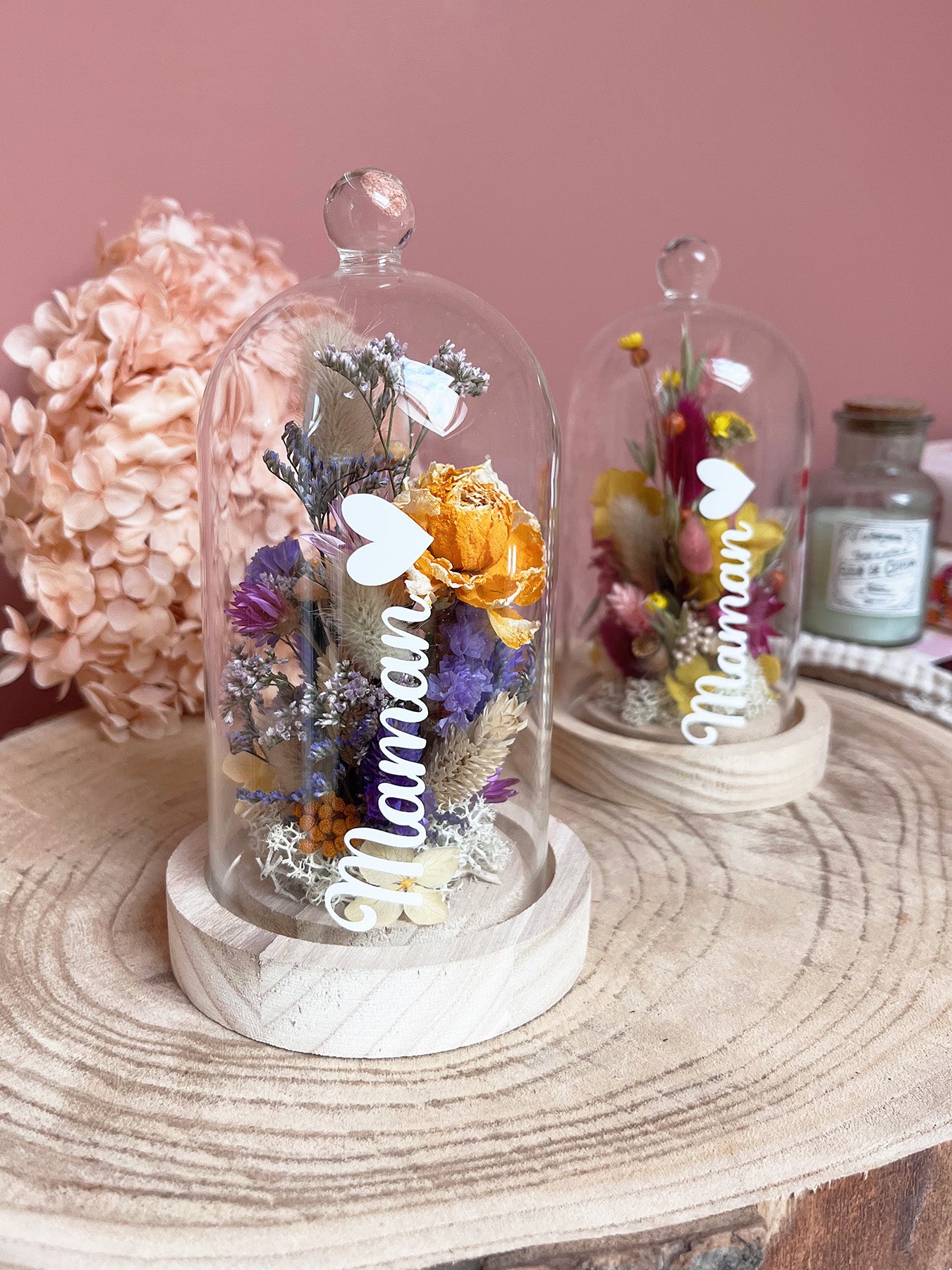 Cloche de fleurs séchées MAMAN tons violets