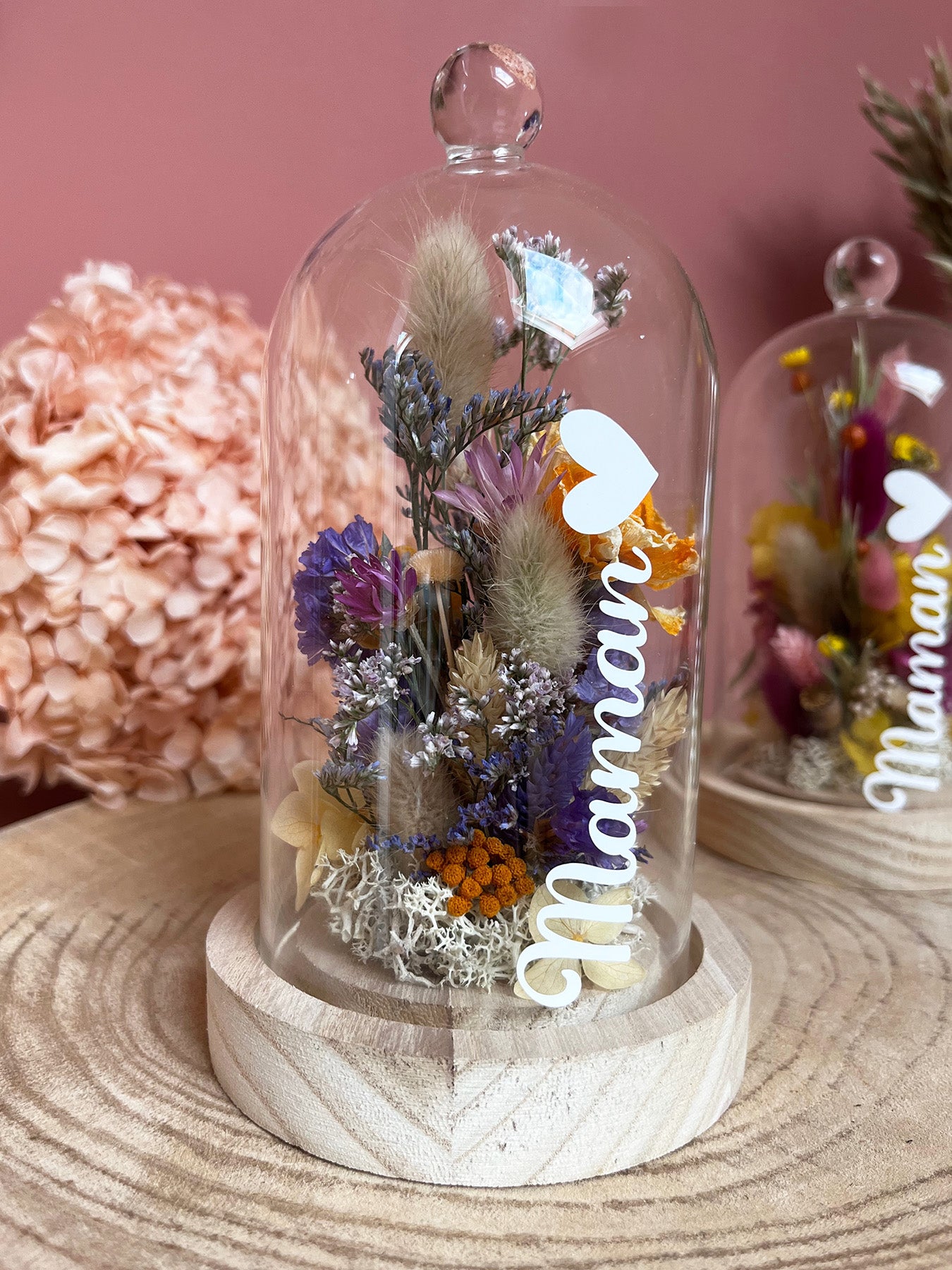 Cloche de fleurs séchées MAMAN tons violets