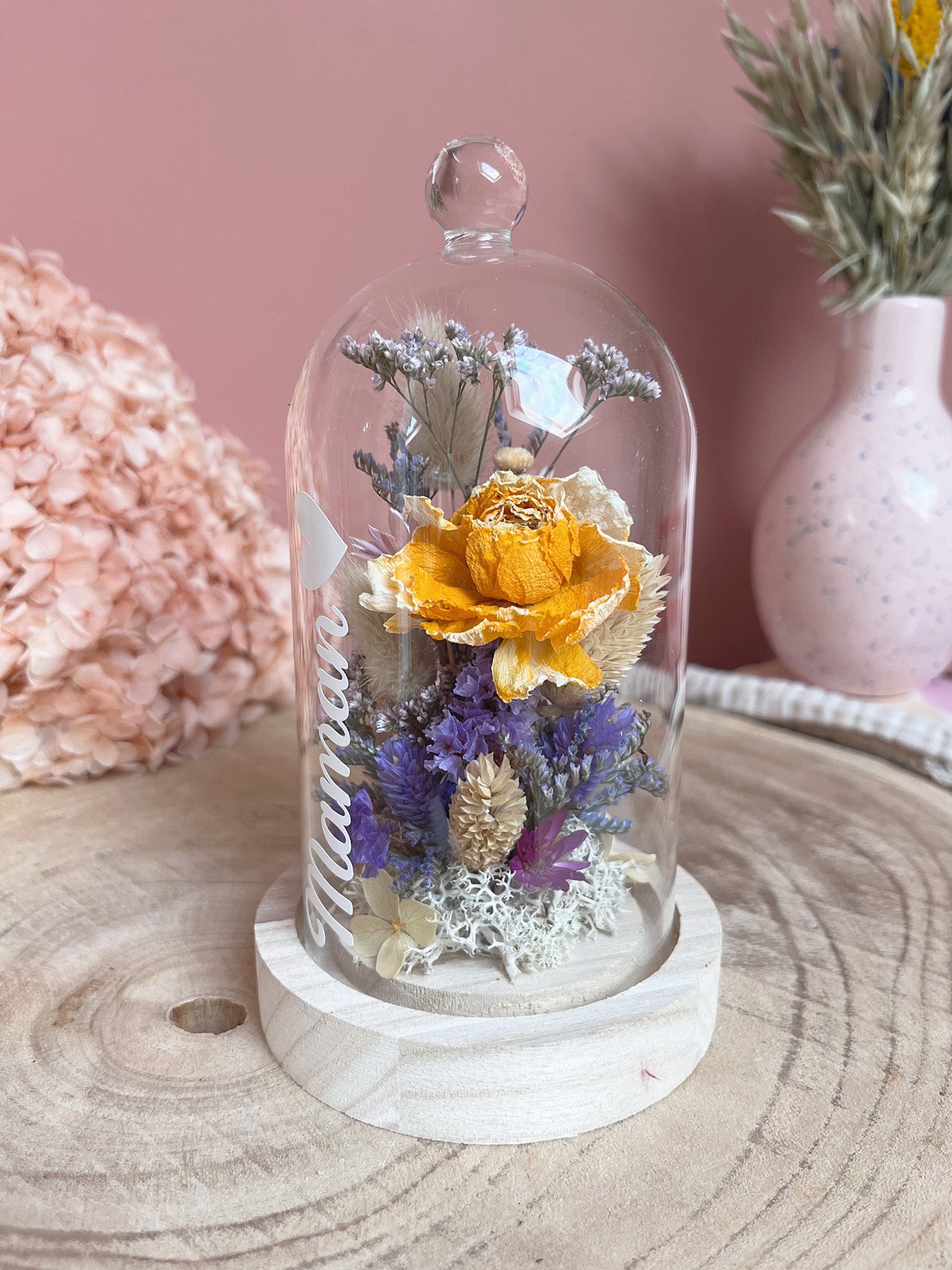 Cloche de fleurs séchées MAMAN tons violets