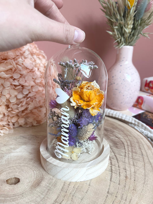 Cloche de fleurs séchées MAMAN tons violets