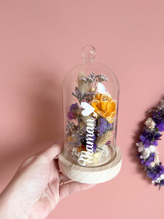 Cloche de fleurs séchées MAMAN tons violets