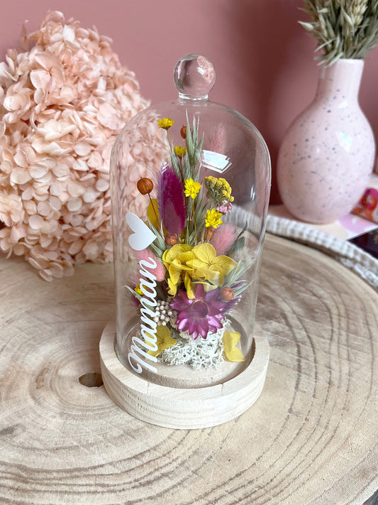 Cloche de fleurs séchées MAMAN tons roses et jaunes