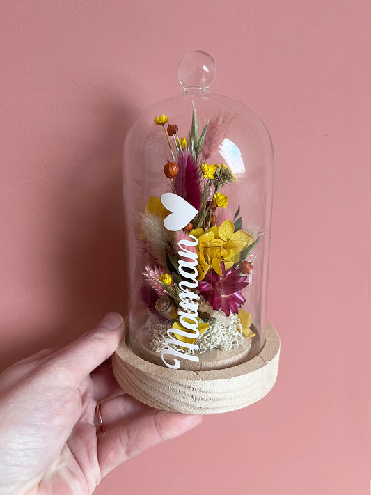 Cloche de fleurs séchées MAMAN tons roses et jaunes